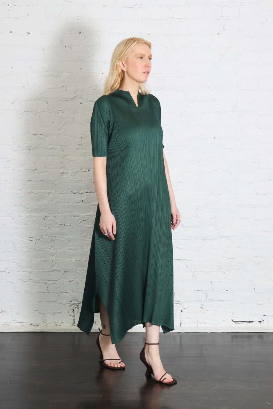  플리츠플리즈 롱 원피스 이세이 미야케의 플리츠 플리즈 3월 월간 컬러 드레스, 다크 그린 - PLEATS PLEASE