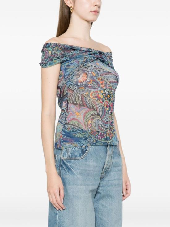  에트로 민소매 티셔츠 프린트 탑 탱크탑 클리어 블루 - ETRO