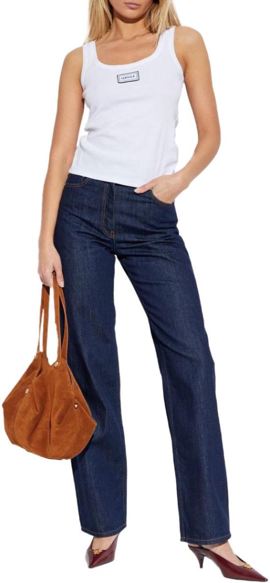 26SS 베르사체 로고 패피 리브드 스트레치 코튼 탱크탑 10232101A172221W000 WHITE - VERSACE