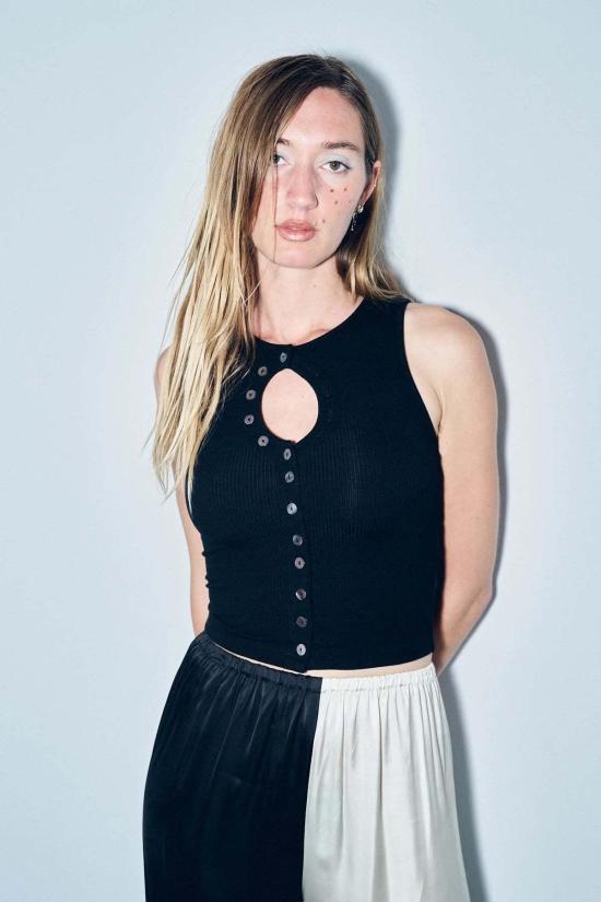  패션 브랜드 컴퍼니 민소매 티셔츠 패션 브랜드 회사 언버튼드 텐셀 립 탱크탑 - FASHION BRAND COMPANY