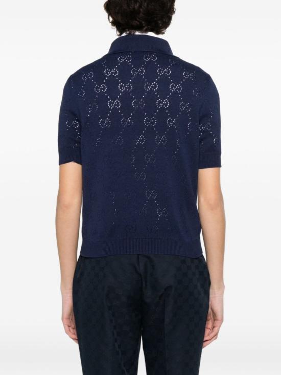  구찌 반팔 티셔츠 GG 코튼 앤 실크 폴로 셔츠 블루 - GUCCI