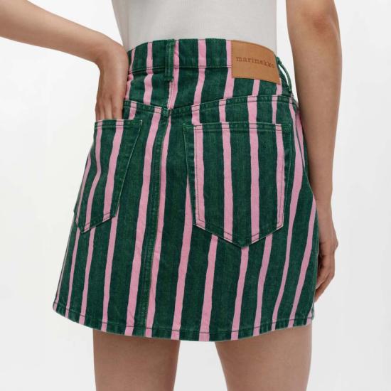  마리메꼬 데님 스커트 마리메코 피콜로 데님 미니스커트 그린 & 핑크 스트라이프 - MARIMEKKO
