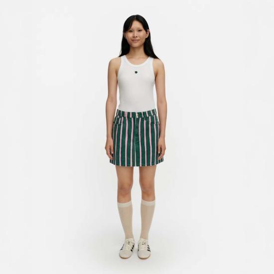 마리메꼬 데님 스커트 마리메코 피콜로 데님 미니스커트 그린 & 핑크 스트라이프
