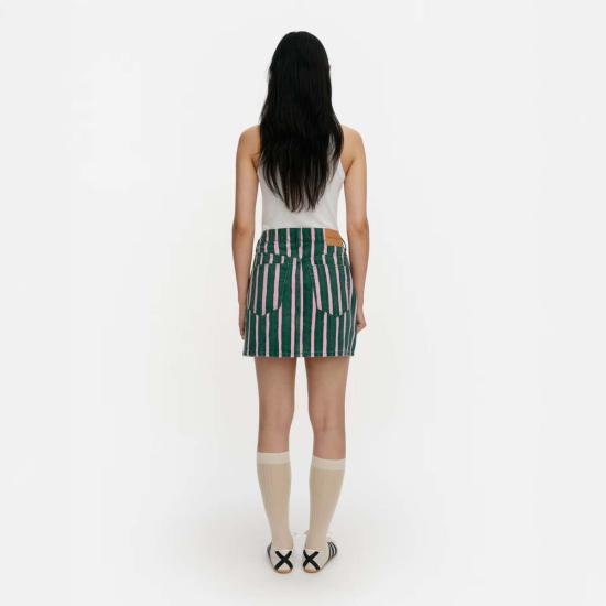  마리메꼬 데님 스커트 마리메코 피콜로 데님 미니스커트 그린 & 핑크 스트라이프 - MARIMEKKO