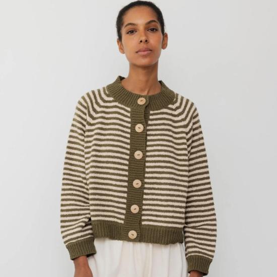  울 하이드 스웨터 울하이드 스트라이프 봄버  올리브