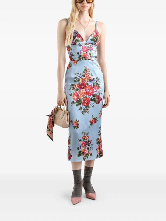 26SS 돌체앤가바나 플라워 부케 프린트 새틴 드레스 F610GT FSICEHC5ZO Light Blue - DOLCE & GABBANA
