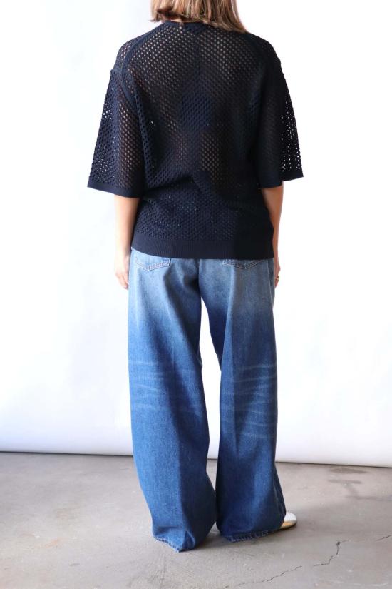  티비 반팔 티셔츠 크로셰 네팅 오버사이즈 이지 티셔츠 탑 네이비 - TIBI