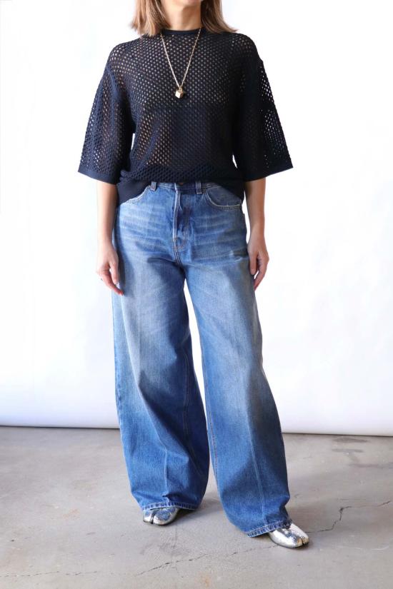  티비 반팔 티셔츠 크로셰 네팅 오버사이즈 이지 티셔츠 탑 네이비 - TIBI