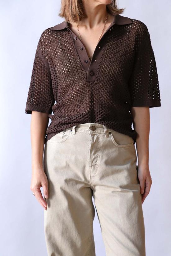  티비 반팔 티셔츠 크로셰 네팅 슬림 폴로 - TIBI