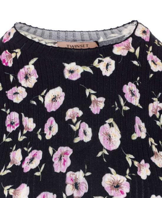  트윈셋 반팔 티셔츠 플로럴 프린트 티셔츠 블랙 - TWINSET