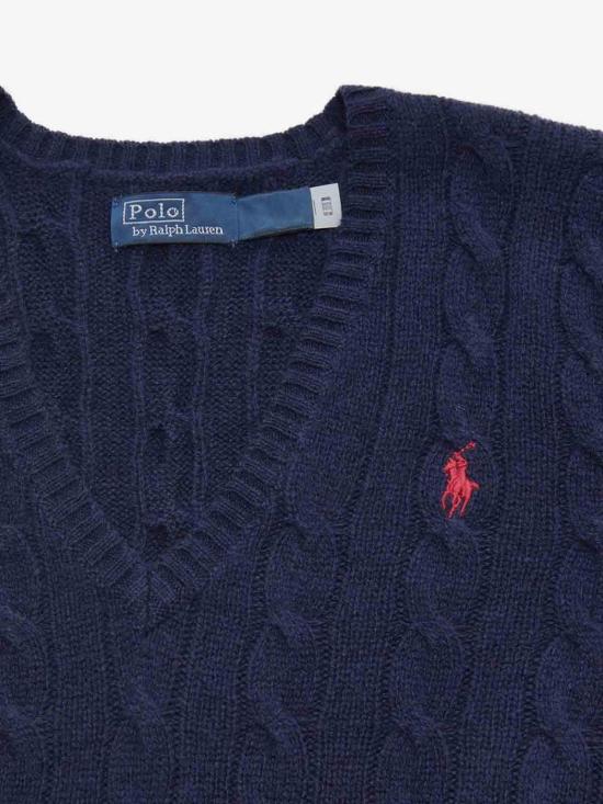 25FW 폴로 랄프로렌 포니 로고 자수 케이블 니트 v넥 스웨터 211971866003 Dark Blue - POLO RALPH LAUREN