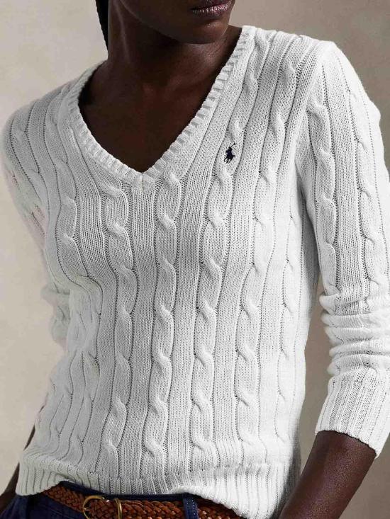 26SS 폴로 랄프로렌 포니로고 피마 코튼 케이블 니트 V넥 스웨터 211971870003 White - POLO RALPH LAUREN