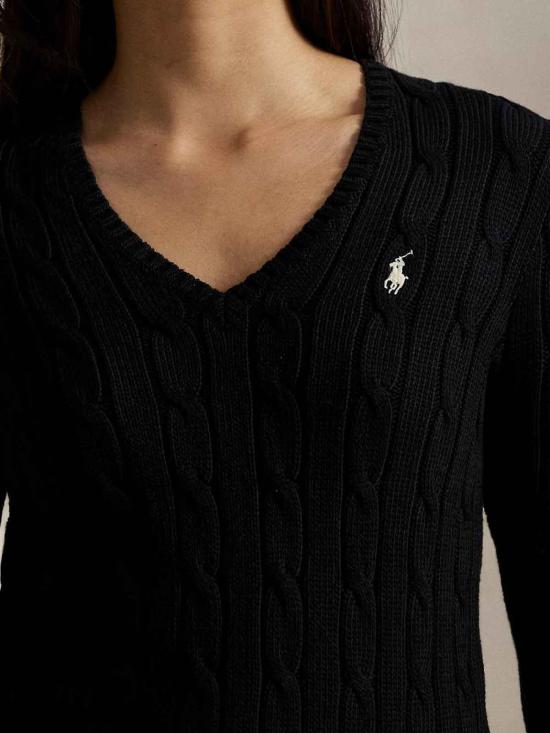 26SS 폴로 랄프로렌 포니로고 피마 코튼 케이블 니트 V넥 스웨터 211971870002 Black - POLO RALPH LAUREN