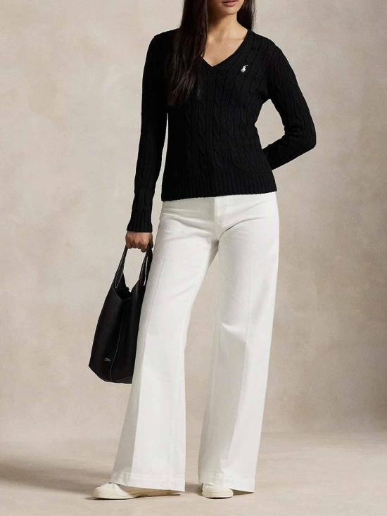 26SS 폴로 랄프로렌 포니로고 피마 코튼 케이블 니트 V넥 스웨터 211971870002 Black - POLO RALPH LAUREN