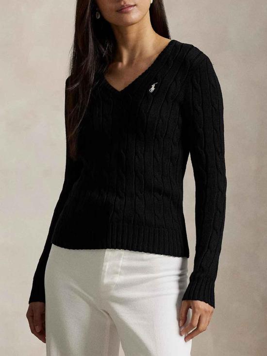 26SS 폴로 랄프로렌 포니로고 피마 코튼 케이블 니트 V넥 스웨터 211971870002 Black - POLO RALPH LAUREN