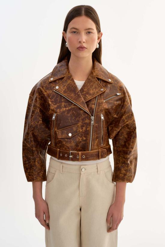  라마르크 가죽 자켓 비니 가죽 크롭 바이커 재킷 브라운 - LAMARQUE