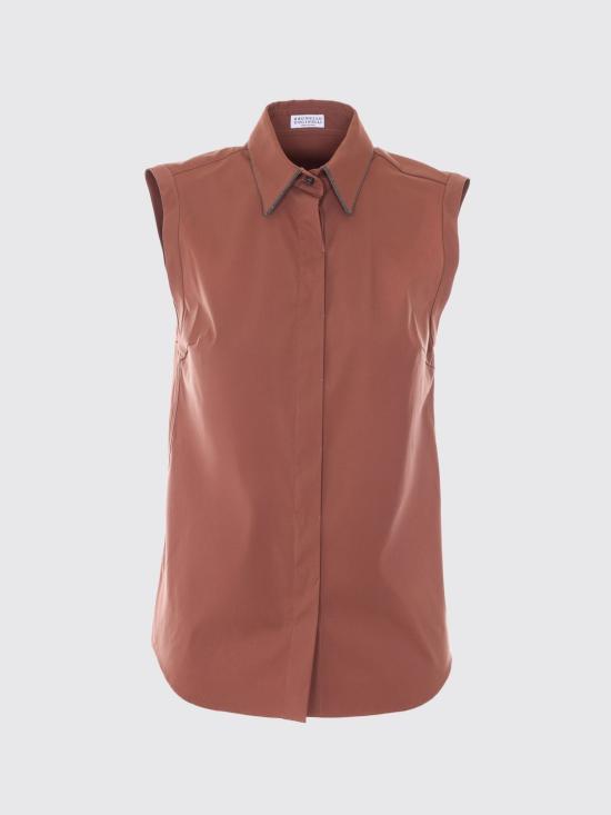 26SS 브루넬로 쿠치넬리 샤이니 트리밍 스트레치 코튼 포플린 슬리브리스 셔츠 M0091MA616 C4182 Red - BRUNELLO CUCINELLI