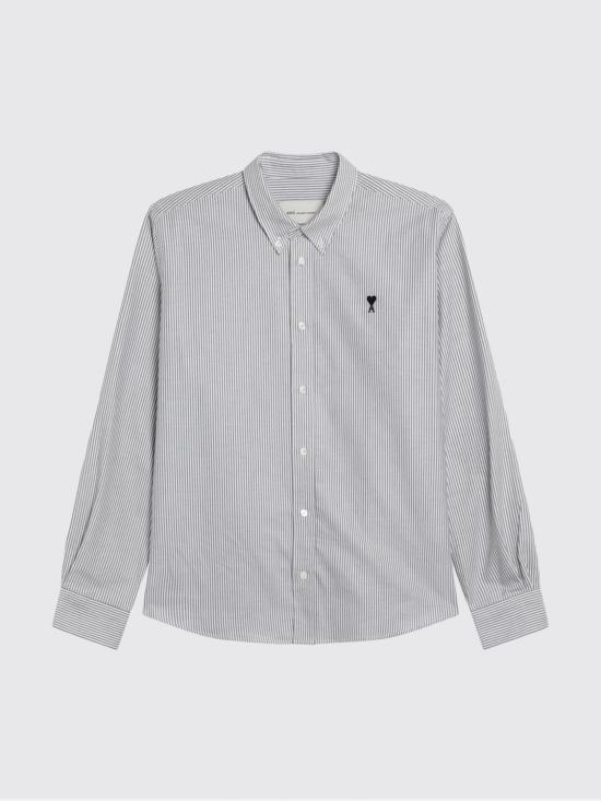 26SS 아미 스몰 하트 로고 스트라이프 코튼 옥스포드 버튼 다운 셔츠 HSH763CO0087 039 Black - AMI