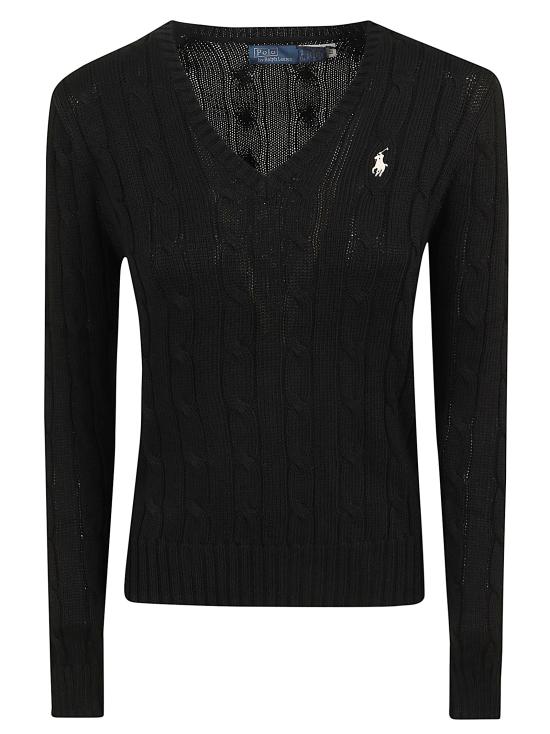 26SS 폴로 랄프로렌 포니로고 피마 코튼 케이블 니트 V넥 스웨터 211971870 002 BLACK WHITE