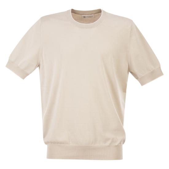 26SS 브루넬로 쿠치넬리 콘트라스트 디테일 코튼 니트 티셔츠 M29805200 LIGHT BEIGE