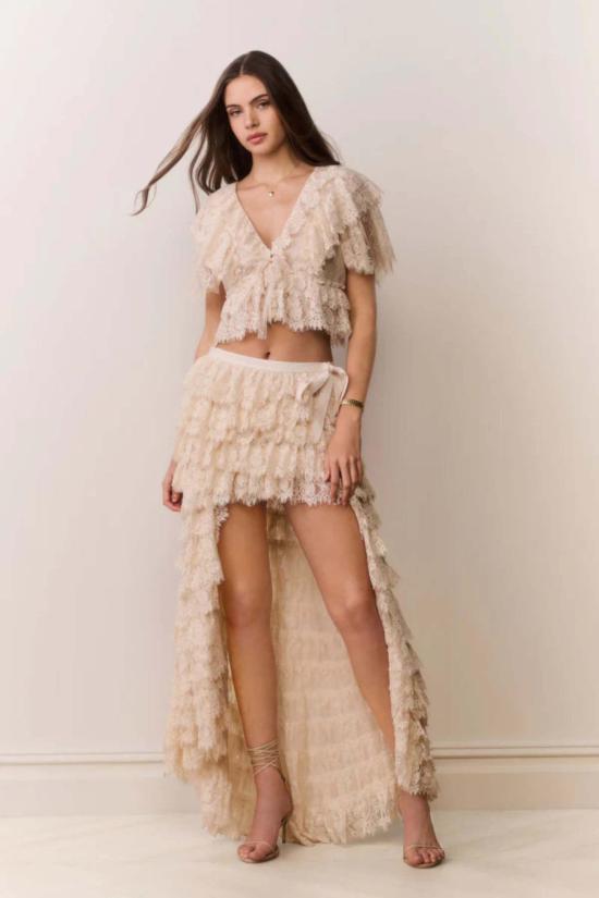  러브쉐이크팬시 롱 스커트 러브쉑 팬시 카밀리아 레이스 러플 하이로우  크림 - LOVESHACKFANCY