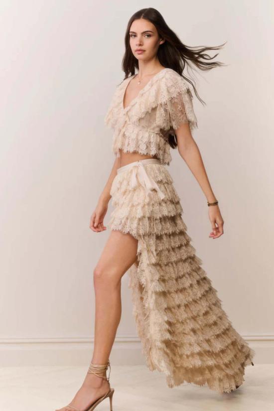  러브쉐이크팬시 롱 스커트 러브쉑 팬시 카밀리아 레이스 러플 하이로우  크림 - LOVESHACKFANCY