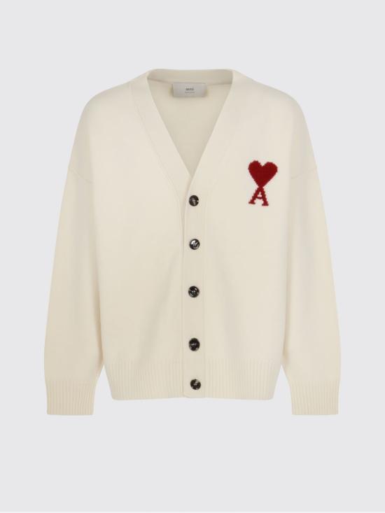 26SS 아미 하트 로고 인타르시아 V넥 가디건 UKC367018 154 Ecru - AMI