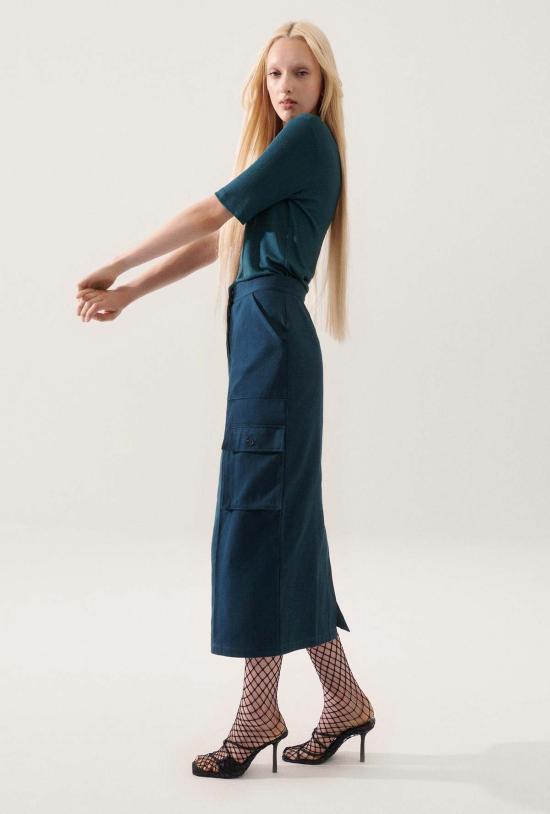  실크 런드리 미디 스커트 캔버스 카고 스커트 (청록색)