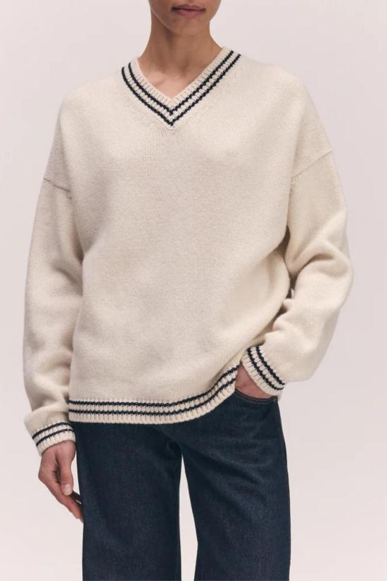  도우터 스웨터 &Daughter 스트라이프 트림 발라 브이넥  화이트/네이비 - &DAUGHTER