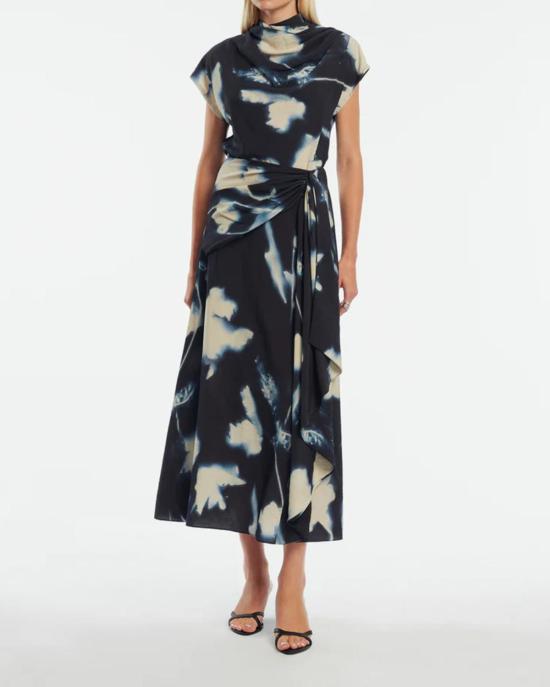  Lela Rose 롱 스커트 렐라 로즈 추상적인 꽃무늬 크레이프 캐스케이드  네이비 - OTHER BRANDS