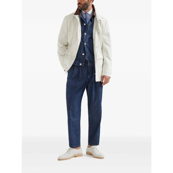  브루넬로 쿠치넬리 데님 자켓 데님 가죽 칼라 재킷 블루 - BRUNELLO CUCINELLI