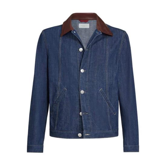  브루넬로 쿠치넬리 데님 자켓 데님 가죽 칼라 재킷 블루