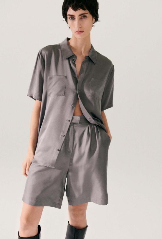  실크 런드리 블라우스 반팔 보이프렌드 셔츠 그레이 펄