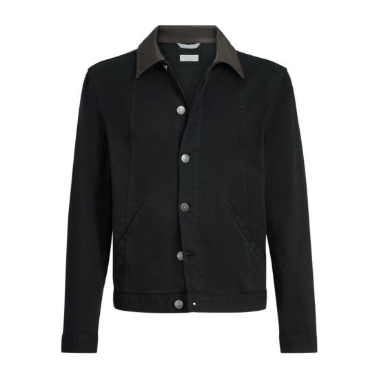  브루넬로 쿠치넬리 데님 자켓 가죽 칼라 데님 재킷 블랙/브라운