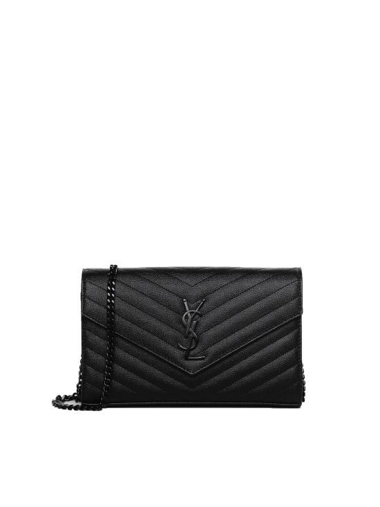26SS 생로랑 그랑 드 뿌드르 엠보스드 레더 카산드라 마틀라세 체인 지갑 377828 BOW081000 Black - SAINT LAURENT