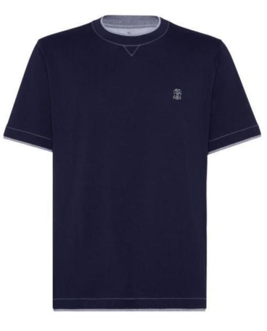 26SS 브루넬로 쿠치넬리 레이어링 코튼 저지 크루넥 티셔츠 M0B137451G CD325 Cobalto grigio