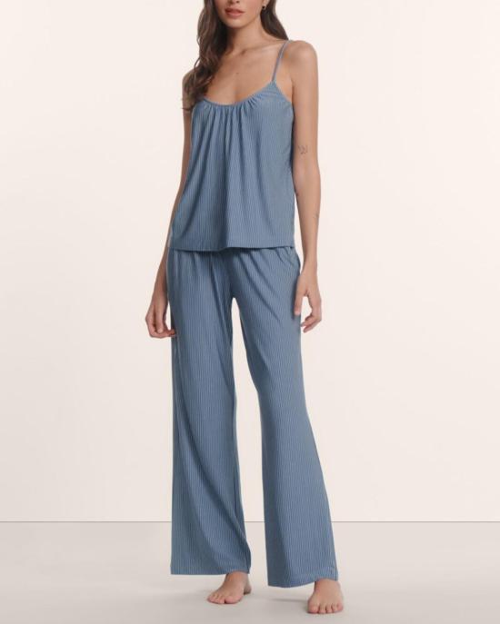  에버제이 라운지 웨어 지젤 프린트 캐미 팬츠 잠옷 세트 듀오 스트라이프 슬레이트 블루/아이보리