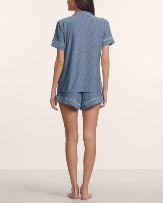  에버제이 라운지 웨어 지젤 프린트 릴렉스드 숏 파자마 세트 듀오 스트라이프 슬레이트 블루/아이보리 - EBERJEY