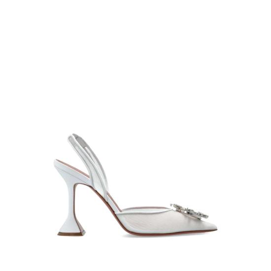  아미나 무아디 힐/펌프스 메시 장식 슬링백 스트랩 포인티드 토 부츠 화이트