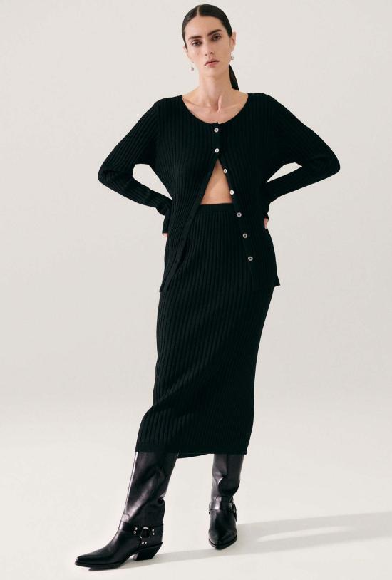  실크 런드리 미디 스커트 립 스트레이트 스커트 블랙