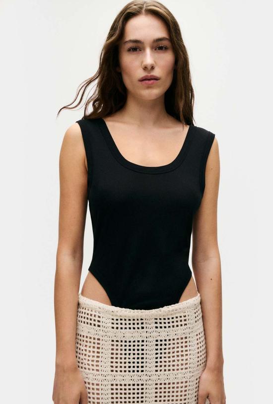  실크 런드리 바디수트 티셔츠 컷어웨이 보디수트 블랙