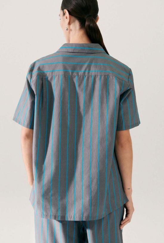  실크 런드리 셔츠 실크 세탁 면 실크 캠프 셔츠 산소 스트라이프 - SILK LAUNDRY