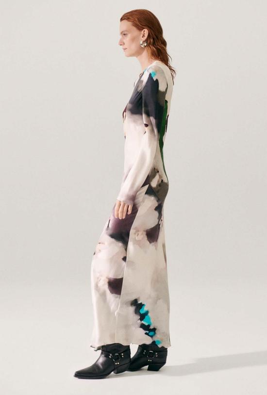  실크 런드리 롱 원피스 실크 세탁 긴팔 바이어스 드레스 인산염 - SILK LAUNDRY