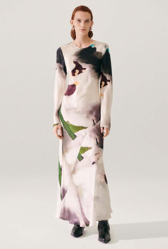  실크 런드리 롱 원피스 실크 세탁 긴팔 바이어스 드레스 인산염