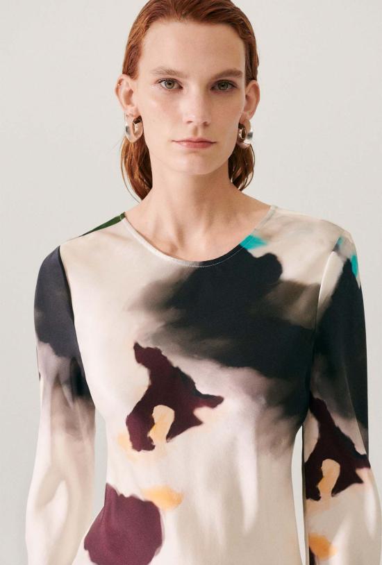  실크 런드리 롱 원피스 실크 세탁 긴팔 바이어스 드레스 인산염 - SILK LAUNDRY