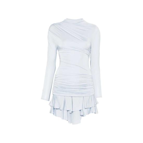  셀프 포트레이트 숏 원피스 러플 밑단 개더 드레스 블루