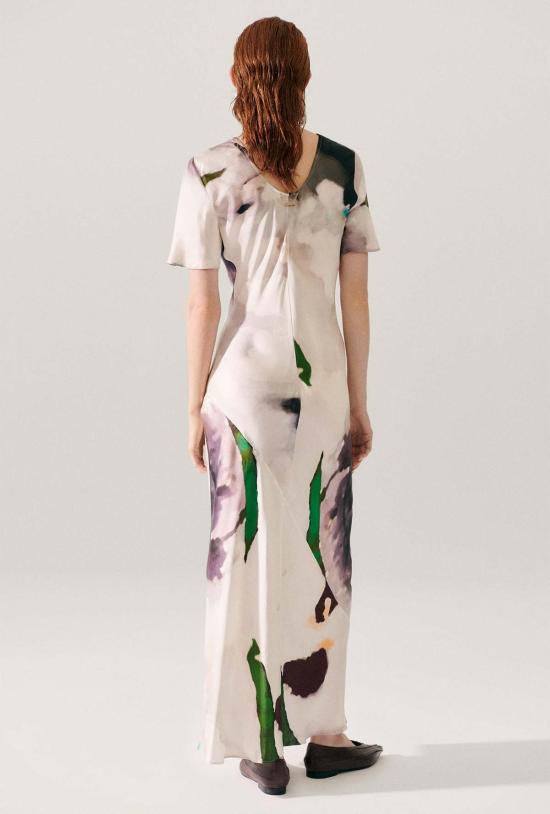  실크 런드리 롱 원피스 실크 세탁 반팔 바이어스 드레스 인산염 - SILK LAUNDRY