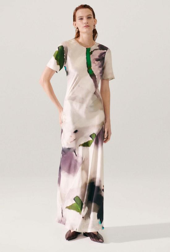  실크 런드리 롱 원피스 실크 세탁 반팔 바이어스 드레스 인산염