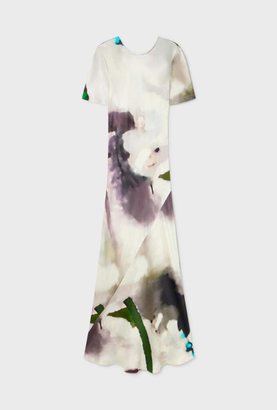  실크 런드리 롱 원피스 실크 세탁 반팔 바이어스 드레스 인산염 - SILK LAUNDRY