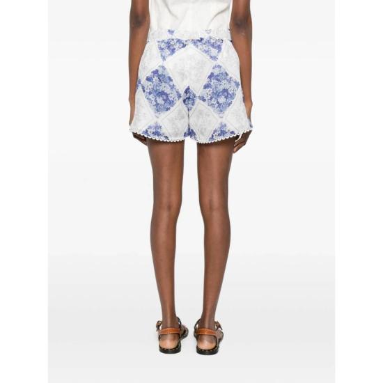  트윈셋 숏팬츠 플로럴 프린트 레이스 트림 반바지 (블루/화이트) - TWINSET